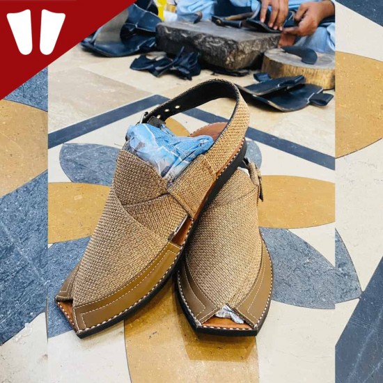 Stylish Waistcoat (material) Peshawari Chappal - Handmade - Golden Strip Stylish Waistcoat (material) Peshawari Chappal - Handmade - Golden Strip